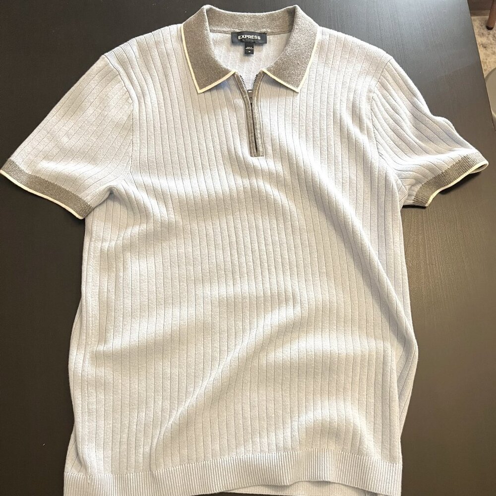Express Men’s 100% Cotton Ribbed Quarter Zip Sweater Polo – Light Blue (Size M)